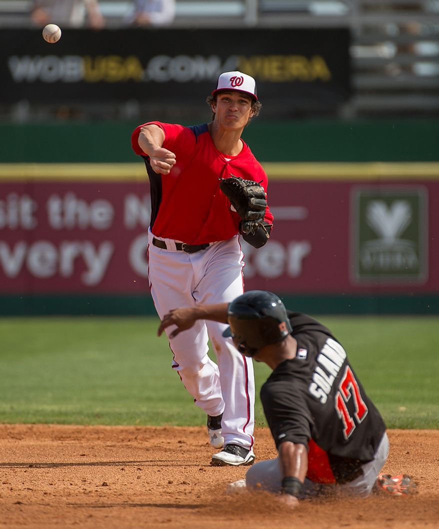 Washington Nationals shortstop Zach Walters (60) throws to first base as the Washington Nationals play the Florida Marlins during spring training at Space Coast Stadium, Viera, Fla., Wednesday, February 27, 2013. (Andrew Harnik/The Washington Times)