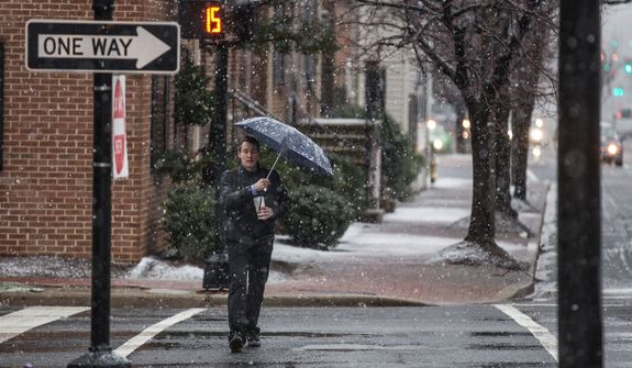 An Old Town resident uses his umbrella to shield his face from the snow in Alexandria, Va., Wednesday, March 6, 2013. (Andrew S. Geraci/The Washington Times)