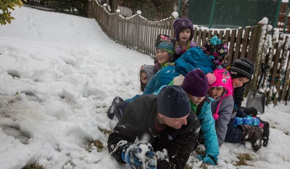 Members of the Sweeney and Powers families pile on top of Patrick Sweeney during a snowball fight in Fairfax, Va., on March 6, 2013. (Andrew S. Geraci/The Washington Times)