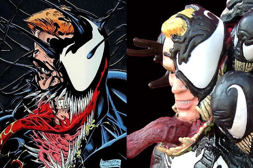 Artist Mark Bagley's version of Venom compared to Diamond Select Toys' Venom (Photograph by Joseph Szadkowski / The Washington Times)