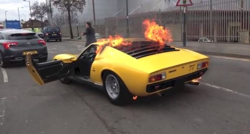 A Lamborghini Miura SV, one of only 764 models in the world, burns in London on April 09, 2013. (YouTube)