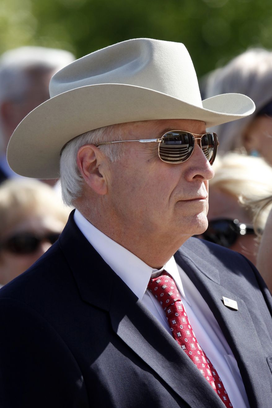 Former Vice President Dick Cheney wears a hat and sunglasses at the dedication of the George W. Bush Presidential Library on the campus of Southern Methodist University in Dallas on Thursday, April 25, 2013. (AP Photo/Charles Dharapak)