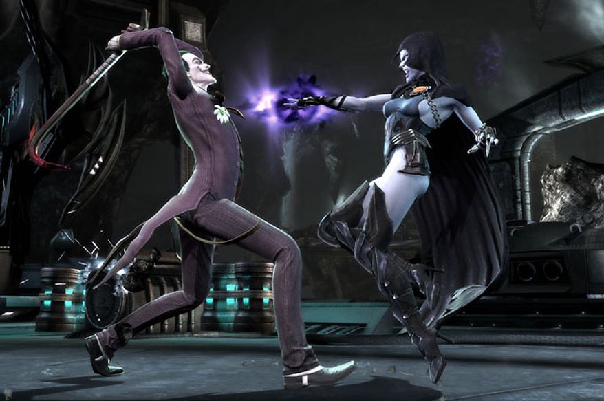 Raven attacks the Joker in the video game Injustice: Gods Among Us.