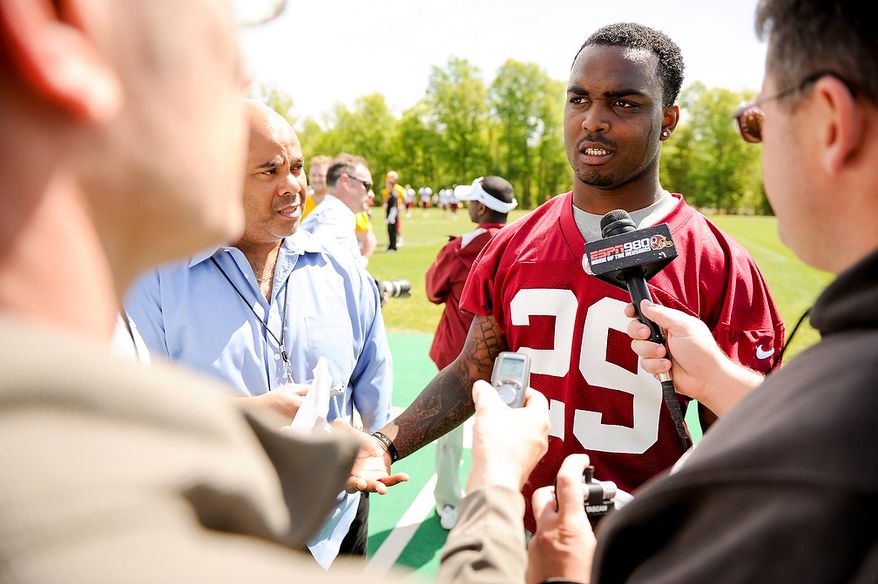 Washington Redskins safety Bacarri Rambo (29) talk to members of the media following rookie minicamp at Redskins Park in Ashburn, Va., on Sunday, May 5, 2013. (Andrew Harnik/The Washington Times)