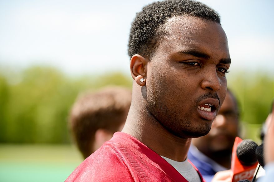 Newly drafted Washington Redskins safety Bacarri Rambo (29) talks to members of the media following rookie minicamp at Redskins Park in Ashburn, Va., on Sunday, May 5, 2013. (Andrew Harnik/The Washington Times)