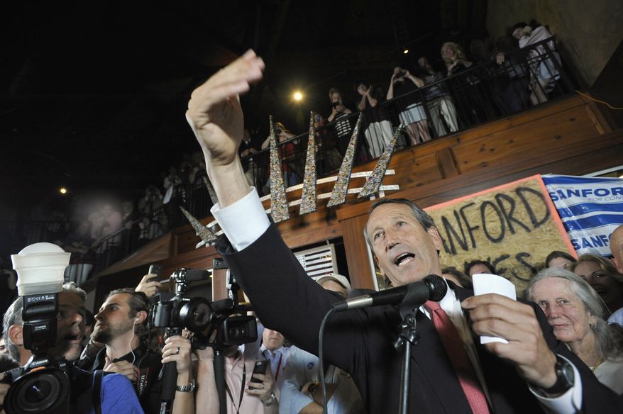 Former South Carolina Gov. Mark Sanford gives his victory speech in Mt. Pleasant, S.C., on on May 7, 2013, after winning back his old congressional seat in the state's 1st District. (Associated Press)