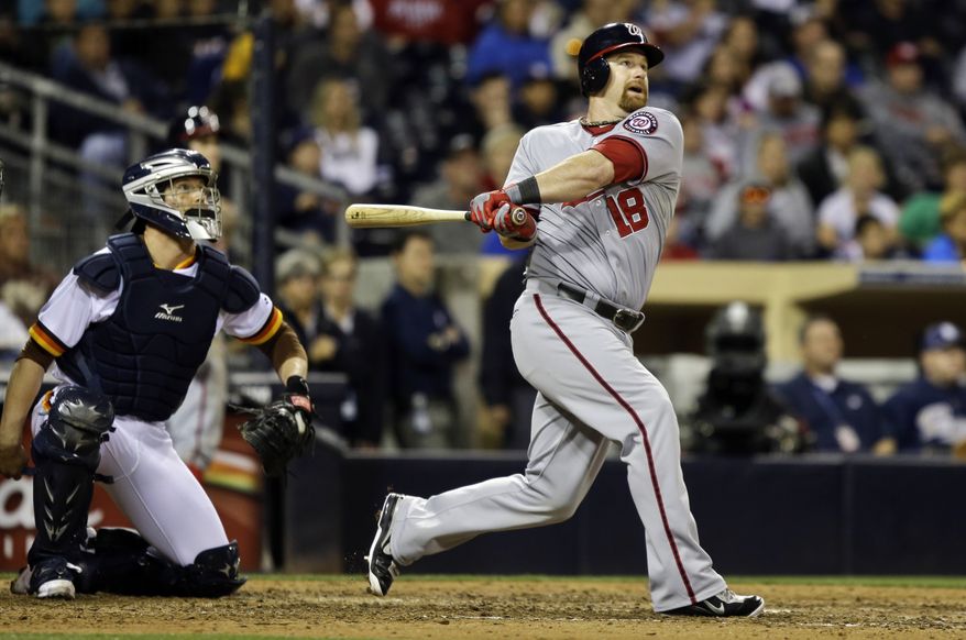 Chad Tracy hit the Nationals' first pinch-hit home run of the season in the 10th inning on Friday night, helping them to salvage a win over the Padres. (Associated Press photo)