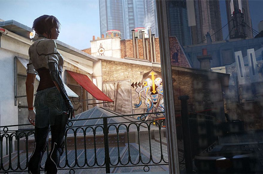 Memory hunter Nilin admires the sites of Neo-Paris in the video game Remember Me.