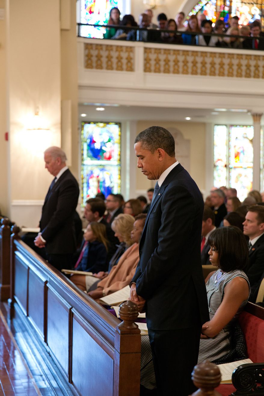 President Barack Obama, First Lady Michelle Obama, Vice President Joe Biden, Dr. Jill Biden, and their families attend an inaugural prayer service at St. John's Church in Washington, D.C., Jan. 21, 2013. (Official White House Photo by Pete Souza)