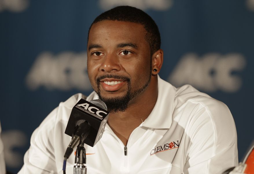 Clemson's Tajh Boyd speaks to the media during the Atlantic Coast Conference Media Day in Greensboro, N.C., Sunday, July 21, 2013. (AP Photo/Chuck Burton)