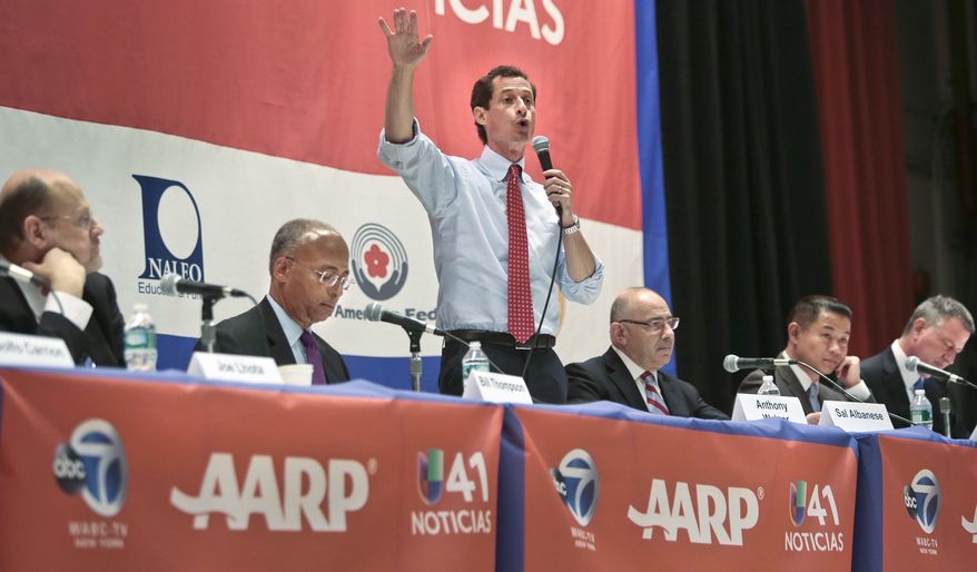 New York mayoral candidates Joe Lhota, far left, Bill Thompson, second from left, Anthony Weiner, third from left, Sal Albanese, third from right, John Liu, second from right, and Bill de Blasio, far right, participate in AARP's town hall forum on Tuesday, Aug. 6, 2013, at Hunter College in New York. All invited candidates, except Christine Quinn who did not attend, laid out their positions on key issues before an audience of largely age 50 and over voters. (AP Photo/Bebeto Matthews)