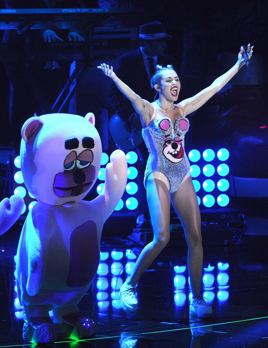 Miley Cyrus performs at the MTV Video Music Awards on Sunday, Aug. 25, 2013, at the Barclays Center in the Brooklyn borough of New York. (Charles Sykes/Invision/AP)