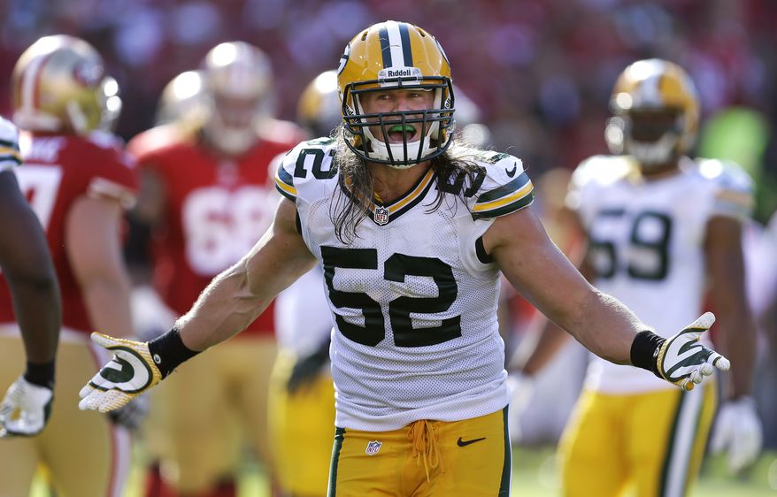 Green Bay Packers outside linebacker Clay Matthews (52) gestures during the fourth quarter of an NFL football game against the San Francisco 49ers in San Francisco, Sunday, Sept. 8, 2013. The 49ers won 34-28. (AP Photo/Ben Margot)