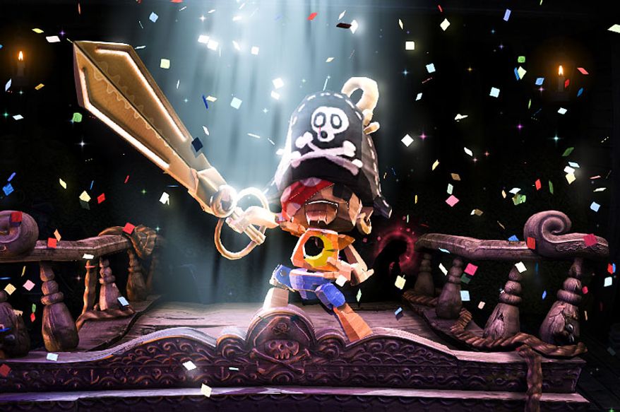 Our hero Kutaro with magical scissors and pirate head in the video game Puppeteer.