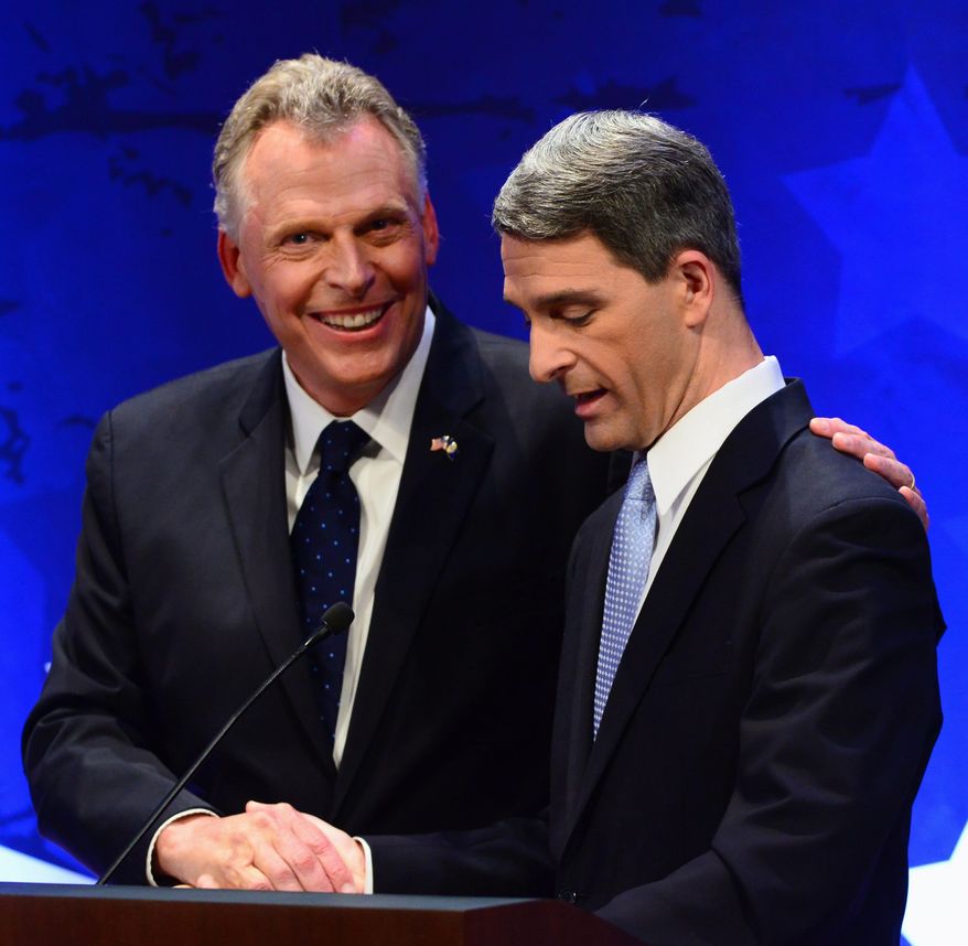 ** FILE ** Virginia gubernatorial candidates Democrat Terry McAuliffe (left) and Republican Attorney General Kenneth T. Cuccinelli II. (Associated Press)