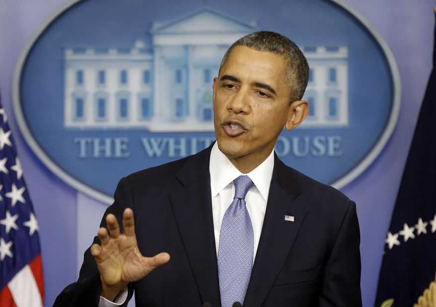 President Obama, speaking in the James Brady Briefing Room of the White House in Washington on Monday, Sept. 30, 2013, said a government shutdown would throw a wrench into the gears of the U.S. economy. (AP Photo/Pablo Martinez Monsivais)