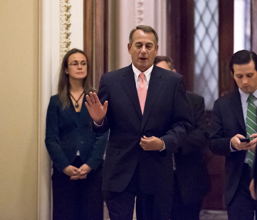 Speaker of the House John Boehner, R-Ohio, returns to his office after a vote on the continuing resolution, at the Capitol in Washington, Monday, Sept. 30, 2013. The Republican-controlled House and the Democrat-controlled Senate are at an impasse as Congress continues to struggle over how to prevent a possible shutdown of the federal government when it runs out of money. President Barack Obama ramped up pressure on Republicans Monday to avoid a post-midnight government shutdown, saying that failure to pass a short-term spending measure to keep agencies operating would "throw a wrench into the gears" of a recovering economy. (AP Photo/J. Scott Applewhite)vering economy. (AP Photo/J. Scott Applewhite)