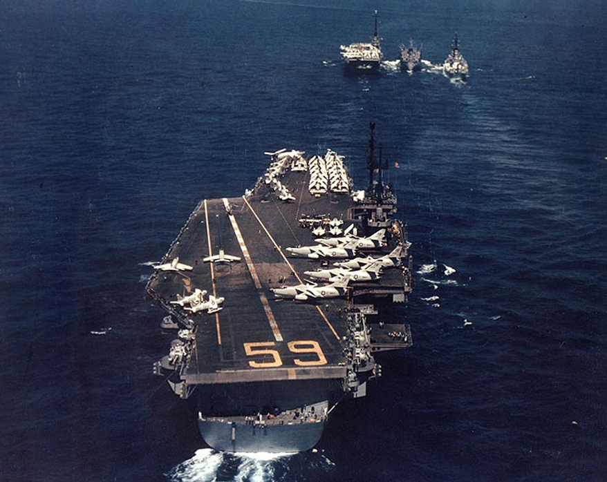 The USS Forrestal prepares to refuel in the Mediterranean Sea in April 1957. (U.S. Navy/Naval History & Heritage Command/National Archives)