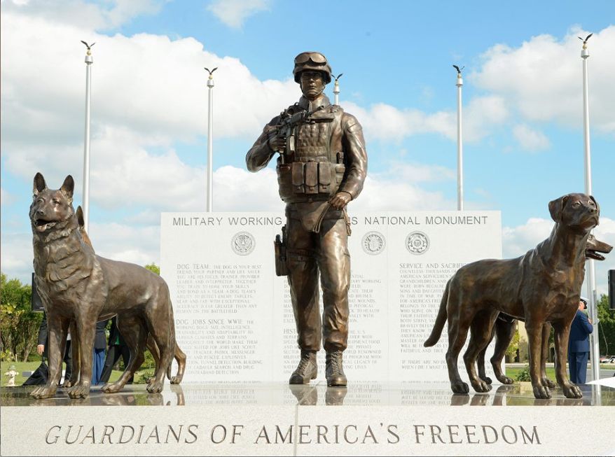 The U.S. Military Working Dog Teams National Monument in Texas honors the noble four-footed soldiers who sniff out explosives, brave the battlefield, save lives and die in the line of duty. (U.S. AIR FORCE)