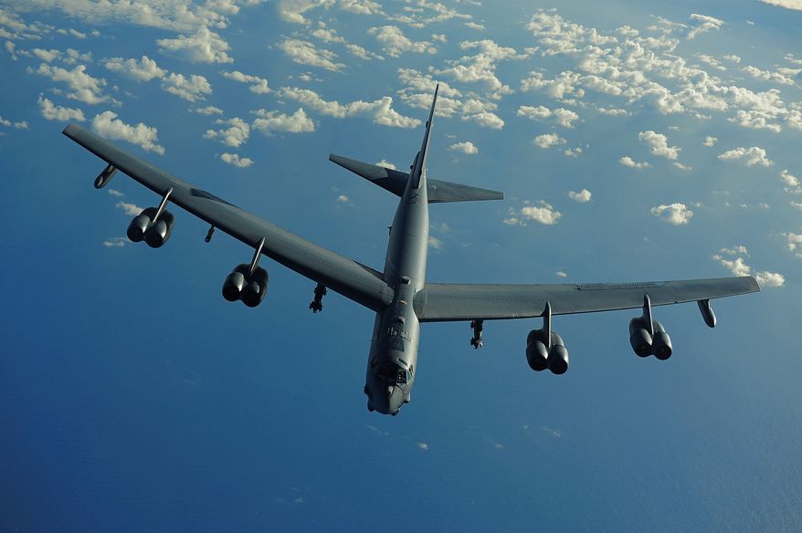 100710-F-5964B-393 PACIFIC OCEAN (July 10, 2010) A U.S. Air Force B-52 Stratofortress from the 20th Expeditionary Bomb Squadron, Barksdale AFB, La., flies a mission in support of Rim of the Pacific (RIMPAC) 2010. RIMPAC includes more than 14 nations, 32 ships, five submarines, more than 170 aircraft and more than 20,000 Soldiers, Sailors, Marines and Airmen. RIMPAC enhances cooperation between partnering nations and practices our ability to plan, communicate, and execute operations. (U.S. Air Force photo by Tech. Sgt. Jacob N. Bailey)