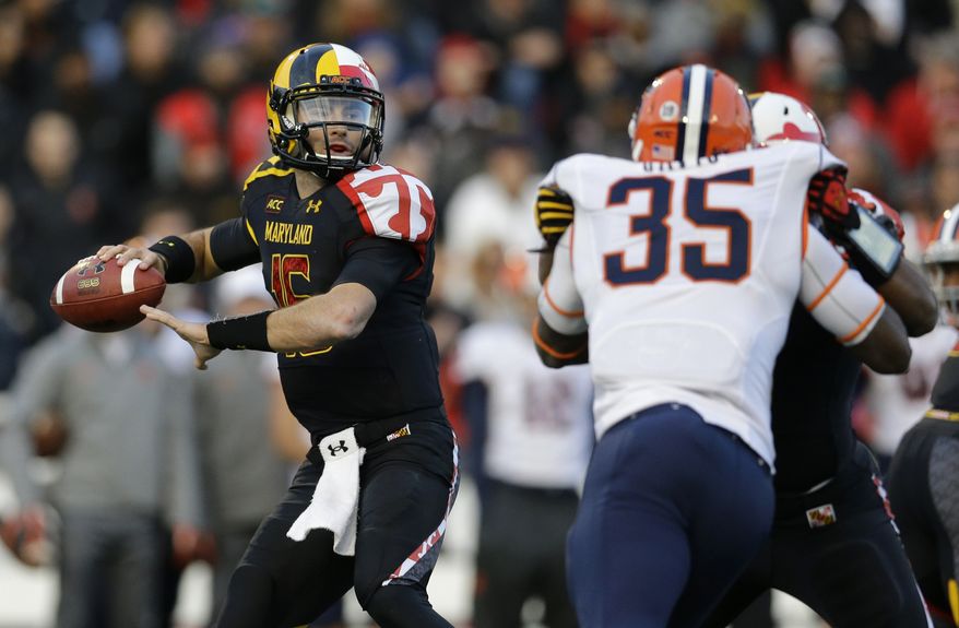 FILE - In this Nov. 9, 2013 file photo, Maryland quarterback C.J. Brown, left, throws to a receiver as he is pressured by Syracuse linebacker Dyshawn Davis during an NCAA college football game in College Park, Md. Maryland won't have to cross the state line for its first bowl appearance since 2010. The Terrapins will face Marshall in the Military Bowl on Dec. 27. The game will be held at the home stadium of the Naval Academy, which is around 28 miles from the Maryland campus. (AP Photo/Patrick Semansky, File)