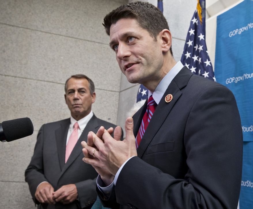 House Budget Committee Chairman Rep. Paul Ryan, R-Wis., right, accompanied by House Speaker John Boehner of Ohio, left, takes reporters' questions as during a news conference on Capitol Hill in Washington, Wednesday, Dec. 11, 2013, as House Republicans signaled support for a budget deal worked out yesterday between Ryan and Senate Budget Committee Chair Sen. Patty Murray, D-Wash. The budget deal was one of a few major measures left on Congress' to-do list near the end of a bruising year that has produced a partial government shutdown, a flirtation with a first-ever federal default and gridlock on President Obama's agenda. (AP Photo/J. Scott Applewhite)