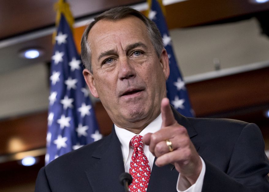In this Dec. 12, 2013, photo, House Speaker John Boehner of Ohio rebukes conservative groups who oppose the pending bipartisan budget compromise struck by House Budget Committee Chairman Rep. Paul Ryan, R-Wis., and Senate Budget Committee Chairwoman Sen. Patty Murray, D-Wash., during a news conference on Capitol Hill in Washington. The Republican establishment’s much-anticipated pushback against the tea party wing is underway. Boehner made that clear, when he renewed his earlier denunciation of groups that try to defeat GOP incumbents they consider too willing to compromise with Democrats. (AP Photo/J. Scott Applewhite)