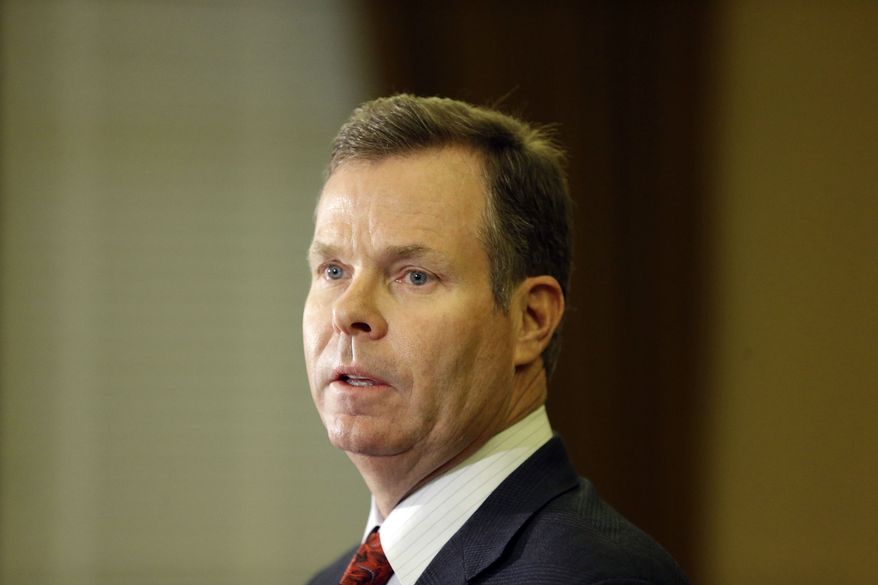FILE - In this Nov. 21, 2013 photo, Utah Attorney General John Swallow speaks during a news conference in Salt Lake City. Swallow announced Thursday that he is stepping down amid multiple investigations of bribery and misconduct that have hounded him ever since he took office at the beginning of the year. The Utah Republican Party's governing body is set to select three candidates on Saturday, Dec. 14, 2013 to replace Swallow. Gov. Gary Herbert will choose one of the three to fill the office until a special election can in November 2014. (AP Photo/Rick Bowmer)