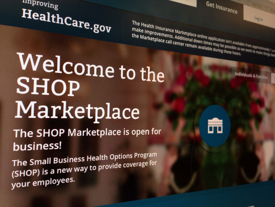 FILE This Nov. 27, 2013 file photo of part of the HealthCare.gov website page featuring information about the SHOP Marketplace is photographed in Washington. Although multiple problems have snarled the rollout of President Barack Obama's signature health care law, it's hardly the first time a new, sprawling government program has been beset by early technical glitches, political hostility and gloom-and-doom denouncements. (AP Photo/Jon Elswick, File)