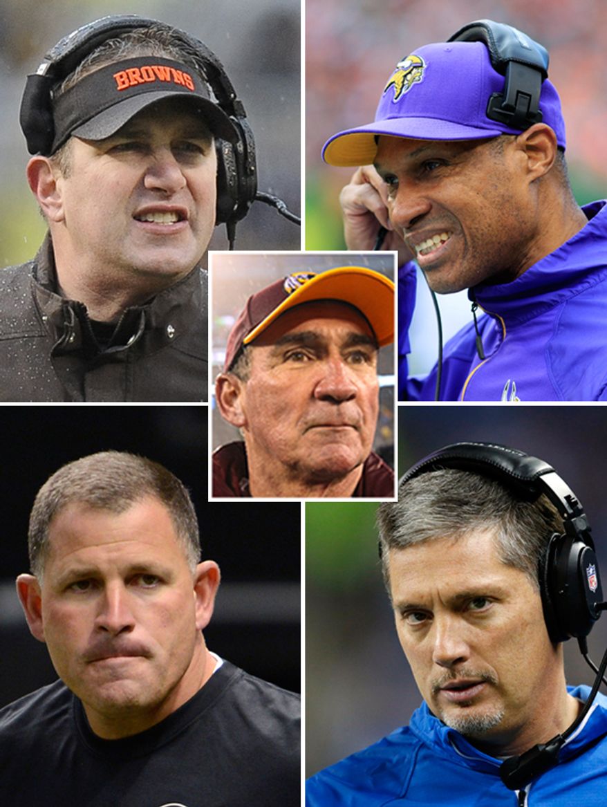 NFL head coaches fired by their respective teams. Washington Redskins Mike Shanahan, Minnesota Vikings Leslie Frazier, Cleveland Browns Rob Chudzinski, Tampa Bay Buccaneers Greg Schiano, Detroit Lions Jim Schwartz.
