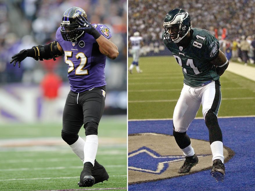 FILE - At left, in a Jan. 6, 2013 file photo, Baltimore Ravens inside linebacker Ray Lewis (52) dances near the end of the second half of an NFL wild card playoff football game against the Indianapolis Colts, in Baltimore. At right, In a Nov. 15, 2004 file photo, Philadelphia Eagles wide receiver Terrell Owens (81) dances after scoring a 50-yard touchdown against the Dallas Cowboys during the first quarter in Irving, Texas. Colin Kaepernick did the ultimate in-your-face touchdown celebration last weekend, imitating Cam Newton's Superman pose after he scored a touchdown for the 49ers in their win at Carolina. (AP Photo/File