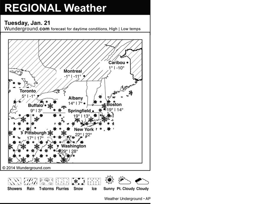 This is the Weather Underground forecast for Tuesday, Jan. 21, 2014 for the eastern region of the U.S. (AP Photo/Weather Underground)