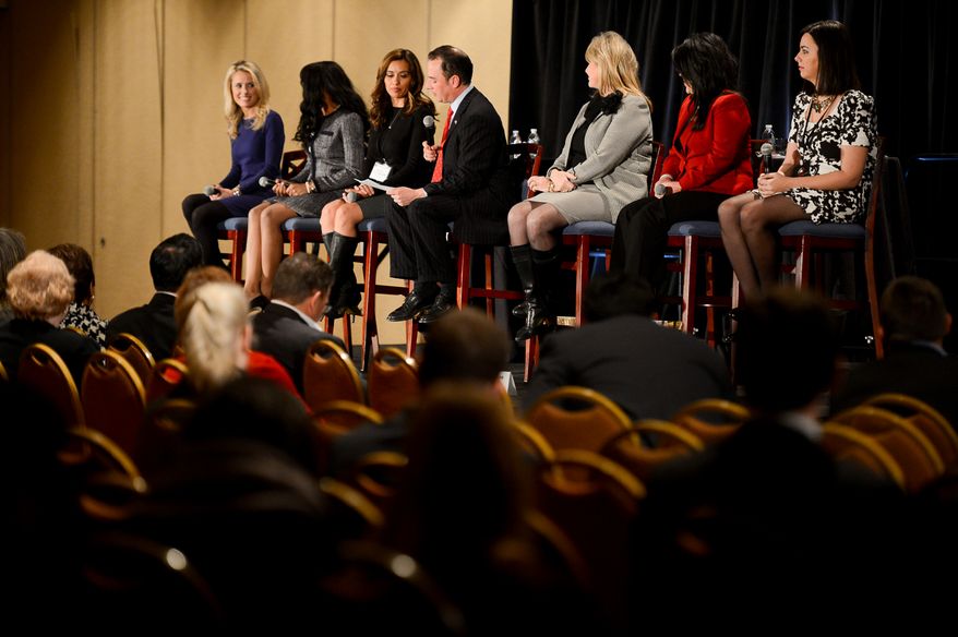 RNC Chairman Reince Priebus, center, and Florida National Committeewoman and RNC Co-Chairman Sharon Day, third from right, introduce Conservative Activist Alison Howard, left, Cabinet Aide to Florida's CFO Chelsi Henry, second from left, New Mexico State Representative Monica Youngblood, third from left, Arizona State Senator Kimberly Yee, second from right, and CRNC Naitonal Chair Alex Smith, right, as the GOP's rising stars at the Republican National Committee's annual winter meeting, Washington, D.C., Thursday, January 23, 2014. (Andrew Harnik/The Washington Times)
