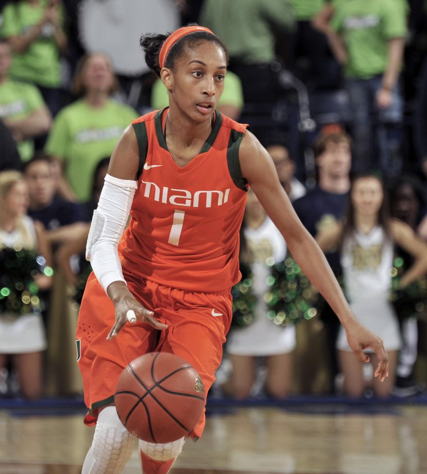 Miami guard Caprice Dennis heads up court during the first half of an NCAA college basketball game with Notre Dame, Thursday, Jan. 23, 2014 in South Bend, Ind. (AP Photo/Joe Raymond)