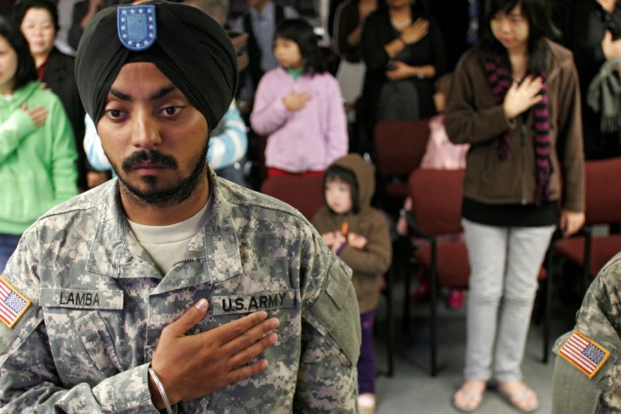 Cpl. Simran Preet Singh Lamba is the first enlisted soldier to be granted a religious accommodation for his Sikh articles of faith since 1984. (Associated Press)
