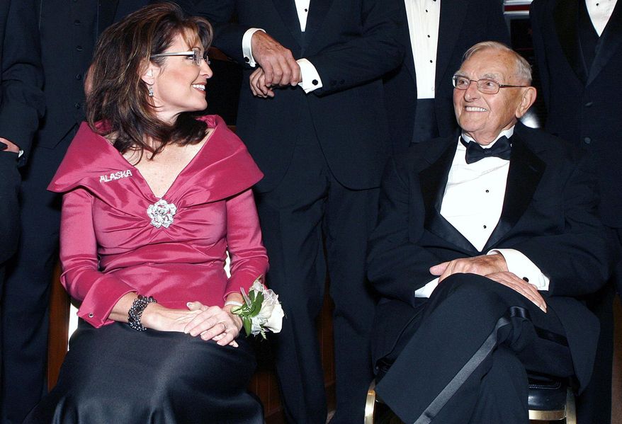 File - This Nov. 14, 2008 file photo shows former Alaska Territorial Gov. Mike Stepovich, right, and former Alaska Gov. Sarah Palin as they wait for a ceremony to honor Alaska governors as part of Alaska's 50th anniversary in Anchorage, Alaska. Former Alaska territorial Gov. Mike Stepovich has died at the age of 94. His daughter, Antonia Stepovich Gore, tells The Associated Press that he died early Friday morning at a hospital in San Diego. He had been hospitalized since suffering head injuries in a fall last Saturday night. (AP Photo/Al Grillo, file)