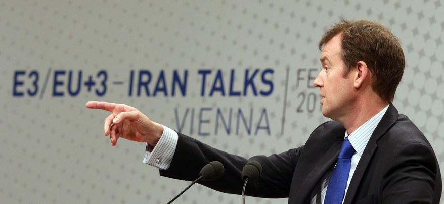 Michael Mann, spokesperson for EU foreign policy chief Catherine Ashton spekes to press during closed-door nuclear talks in Vienna, Austria, Tuesday, Feb. 18, 2014. Iran and six world powers are back at the negotiating table eager to come to terms on a comprehensive nuclear deal but deeply divided on what it should look like. The two sides began meeting Tuesday in attempts to build on a first-step accord that temporarily curbs Tehran's nuclear activities in exchange for some sanctions relief. (AP Photo/Ronald Zak)