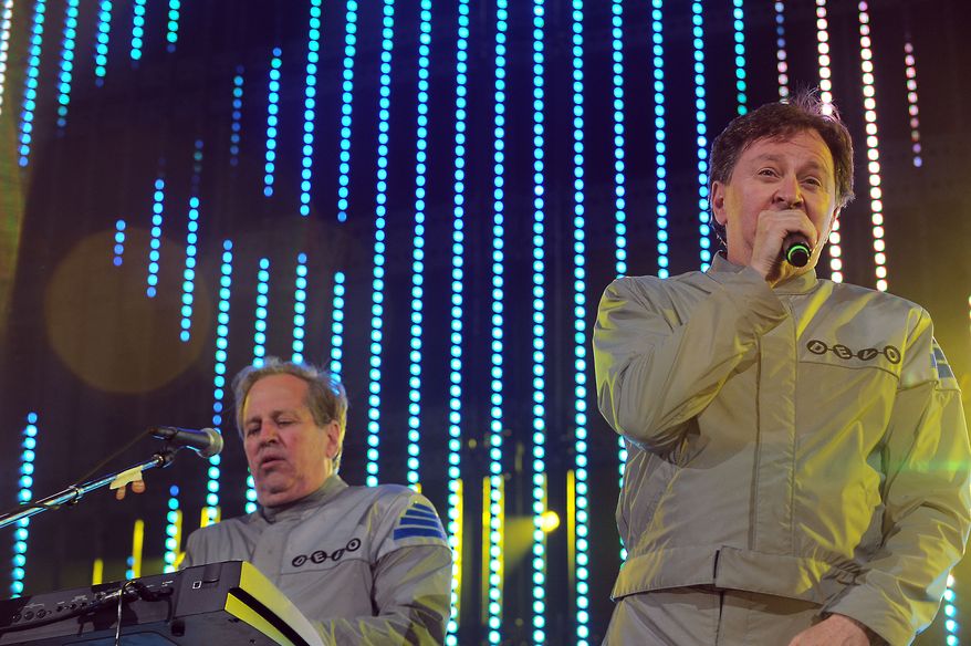 **FILE** Gerald Casale (left) and Bob Casale of Devo performs live at the 2010 KROQ Weenie Roast on Saturday June 5, 2010, at the Verizon Wireless Ampitheaer in Irvine, Calif. (Associated Press)