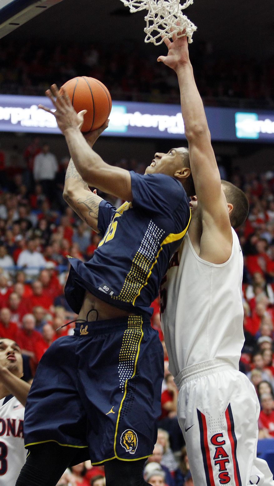 California's Richard Solomon, left, shoots under the basket despite the pressing defense of Arizona's Kaleb Tarczewski, right, in the first half of an NCAA college basketball game on Wednesday, Feb. 26, 2014, in Tucson, Ariz. (AP Photo/John MIller)