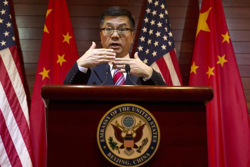 Gary Locke, outgoing U.S. ambassador to China, speaks during a farewell press conference held at the U.S. Embassy in Beijing, China, Thursday, Feb. 27, 2014. Locke was the first Chinese-American ambassador to Beijing and presided over huge growth in economic ties and rise in Chinese visitors to the U.S. as well as a pair of major incidents that had threatened ties between the nations. (AP Photo/Ng Han Guan, Pool)