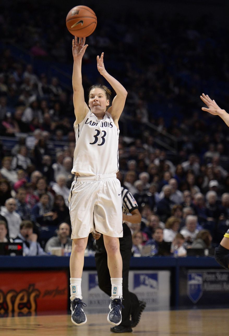 Penn State's Maggie Lucas (33) makes a 3-point shot against Michigan in an NCAA college basketball game on Saturday, March 1, 2014, in State College, Pa. (AP Photo/John Beale)
