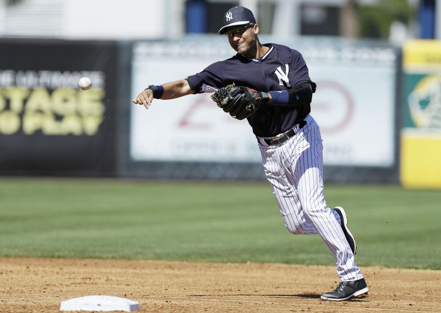 New York Yankees shortstop Derek Jeter throws to first base to put out Washington Nationals' Eury Perez during the third inning of an exhibition baseball game Monday, March 3, 2014, in Tampa, Fla. (AP Photo/Charlie Neibergall)