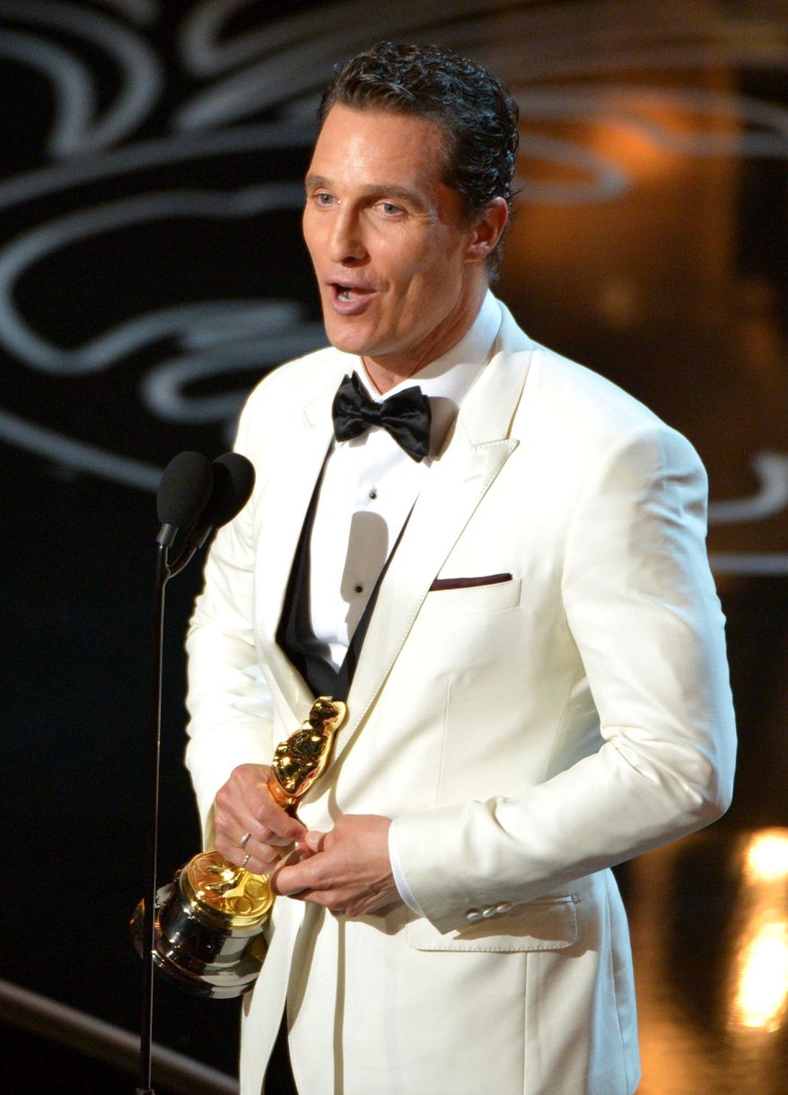 Matthew McConaughey accepts the award for best actor in a leading role for "Dallas Buyers Club" during the Oscars at the Dolby Theatre on Sunday, March 2, 2014, in Los Angeles. (Photo by John Shearer/Invision/AP)