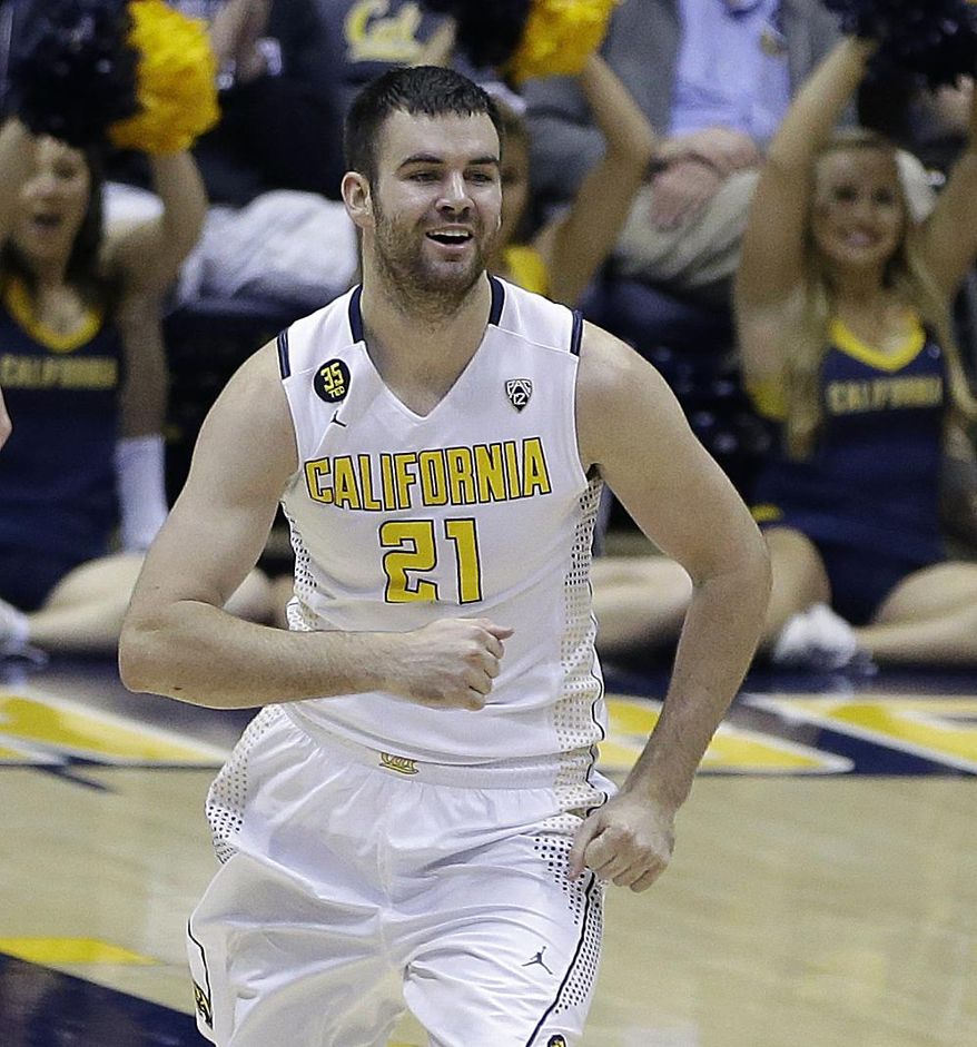 California's Jeff Powers celebrates a score against Utah Valley in the second half of an NCAA college basketball game in the NIT tournament, Wednesday, March 19, 2014, in Berkeley, Calif. (AP