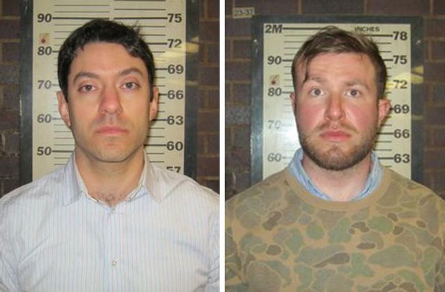 In this combination of two photos provided by the Port Authority of New York and New Jersey Police Department, Cable News Network producers Yon Pomrenze, left, and Connor Fieldman Boals, are shown after their arrests on Tuesday, March 25, 2014. Both men have been charged with criminal trespass, obstruction of governmental administration and disorderly conduct after trying to forcibly push their way through a controlled gate at the World Trade Center Construction site in New York City. A spokeswoman for CNN said the men were in the area to do a story about the recent security breaches and were not asked to sneak onto the site. (AP Photo/Port Authority of New York and New Jersey)