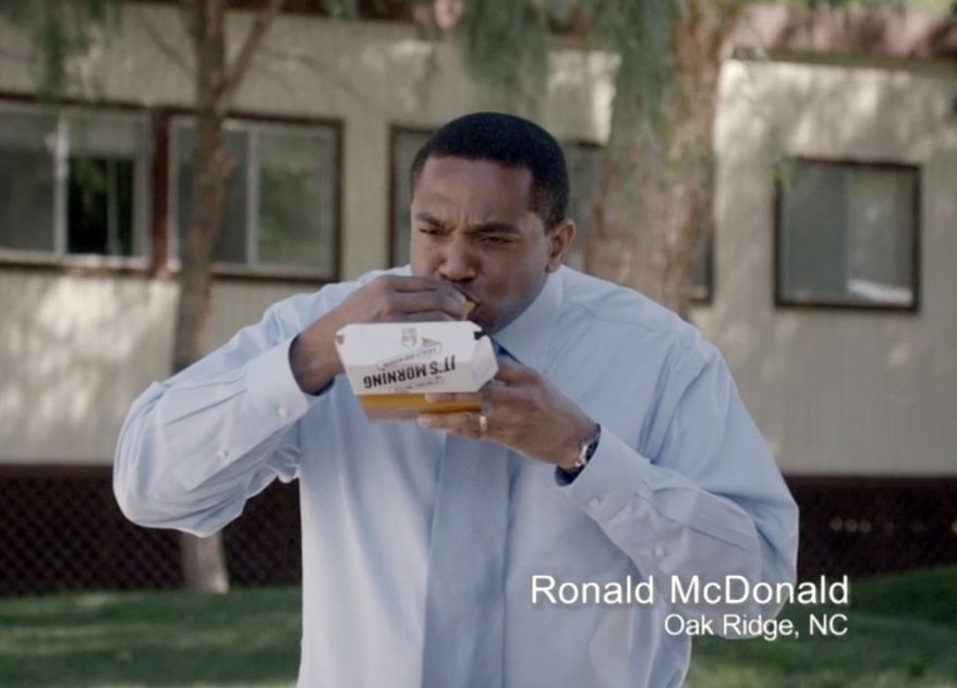 This frame grab from video provided by Taco Bell via Taylor Strategy shows Ronald McDonald of Oak Ridge, N.C., in a Taco Bell commercial. The fast-food chain will begin airing ads Thursday, March 27, 2014, that feature everyday men who happen to have the same name as the McDonald's mascot. The marketing campaign is intended to promote Taco Bell's new breakfast menu, which features novelties like a waffle taco. (AP Photo/Taco Bell via Taylor Strategy)