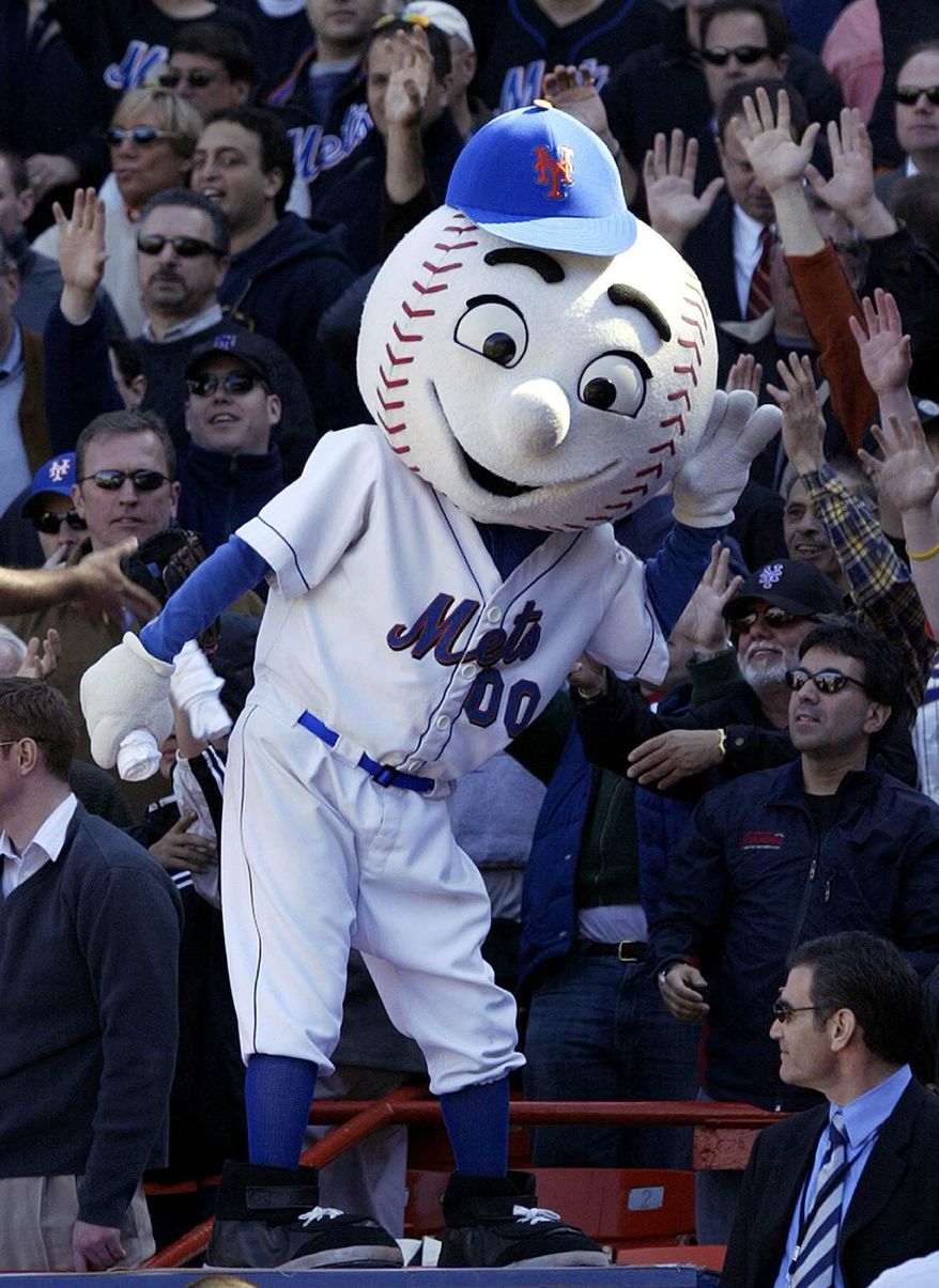 ** FILE ** New York Mets mascot Mr. Met reacts with the crowd during the Mets home opener against the Houston Astros at Shea Stadium in New York, in this April 11, 2005, file photo. (AP Photo/Gregory Bull/FILE)