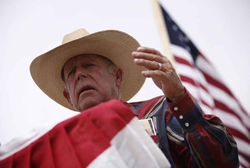 Rancher Cliven Bundy speaks at a protest camp near Bunkerville, Nev. Friday, April 18, 2014. (AP Photo/Las Vegas Review-Journal, John Locher)