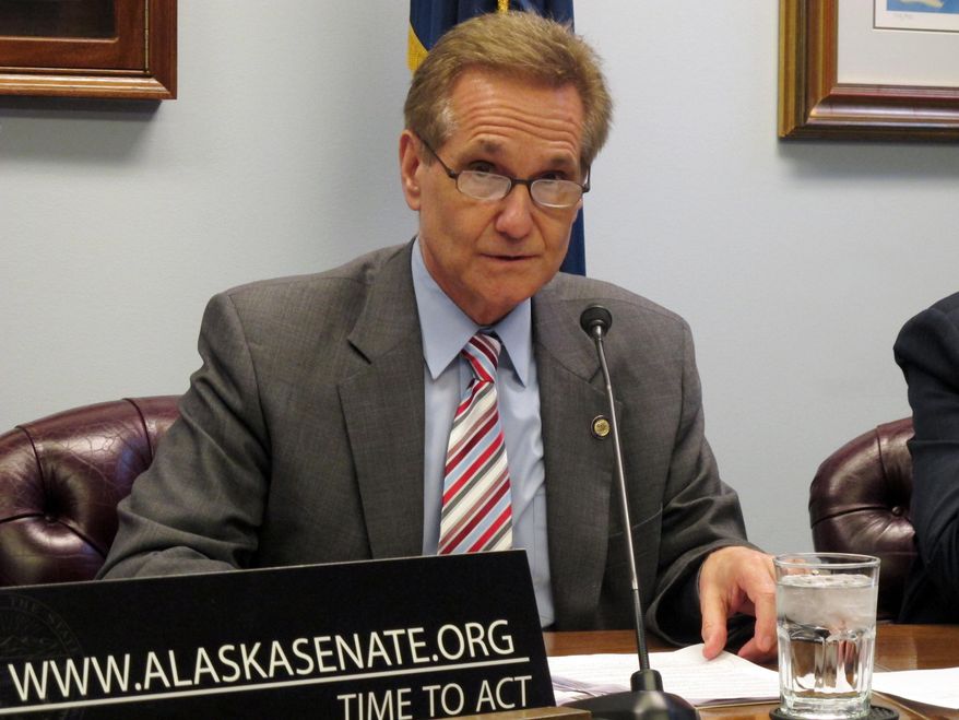 Senate Finance Committee co-chair Kevin Meyer, R-Anchorage, speaks to reporters during a news conference after the committee unveiled a draft version of an omnibus education bill on Friday, April 18, 2014, in Juneau, Alaska. (AP Photo/Becky Bohrer)