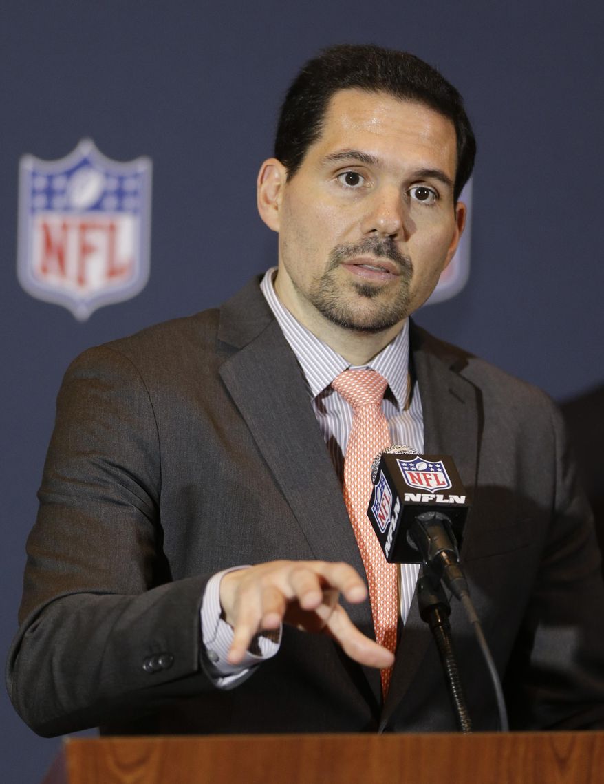 FILE - In this March 24, 2014, file photo, NFL officiating director Dean Blandino speaks during a news conference at the NFL football annual meeting in Orlando, Fla. Blandino told a gathering of Associated Press Sports Editors on Thursday, April 24, 2014, that in an effort to have on-field action in which the players are respectful to each other, coaches, officials and fans, there will be a heavy emphasis on reducing taunting. (AP Photo/John Raoux, File)